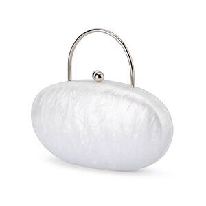 olga berg Imelda Top Handle Bag in White pearl oval hard case clutch shoulder